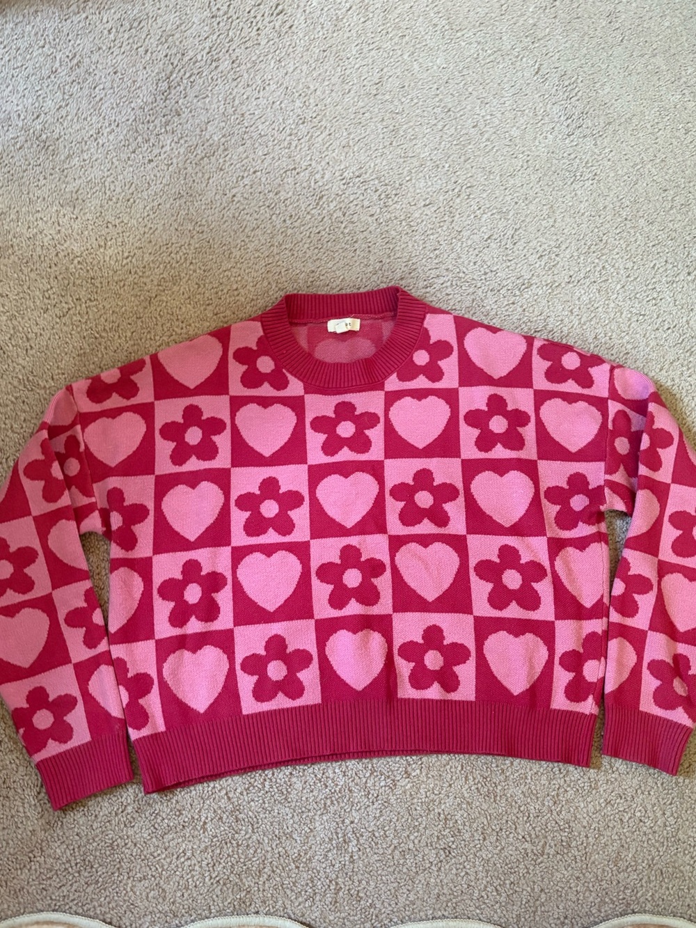 debut Two-Tone Pink Heart & Flower Crewneck Sweater